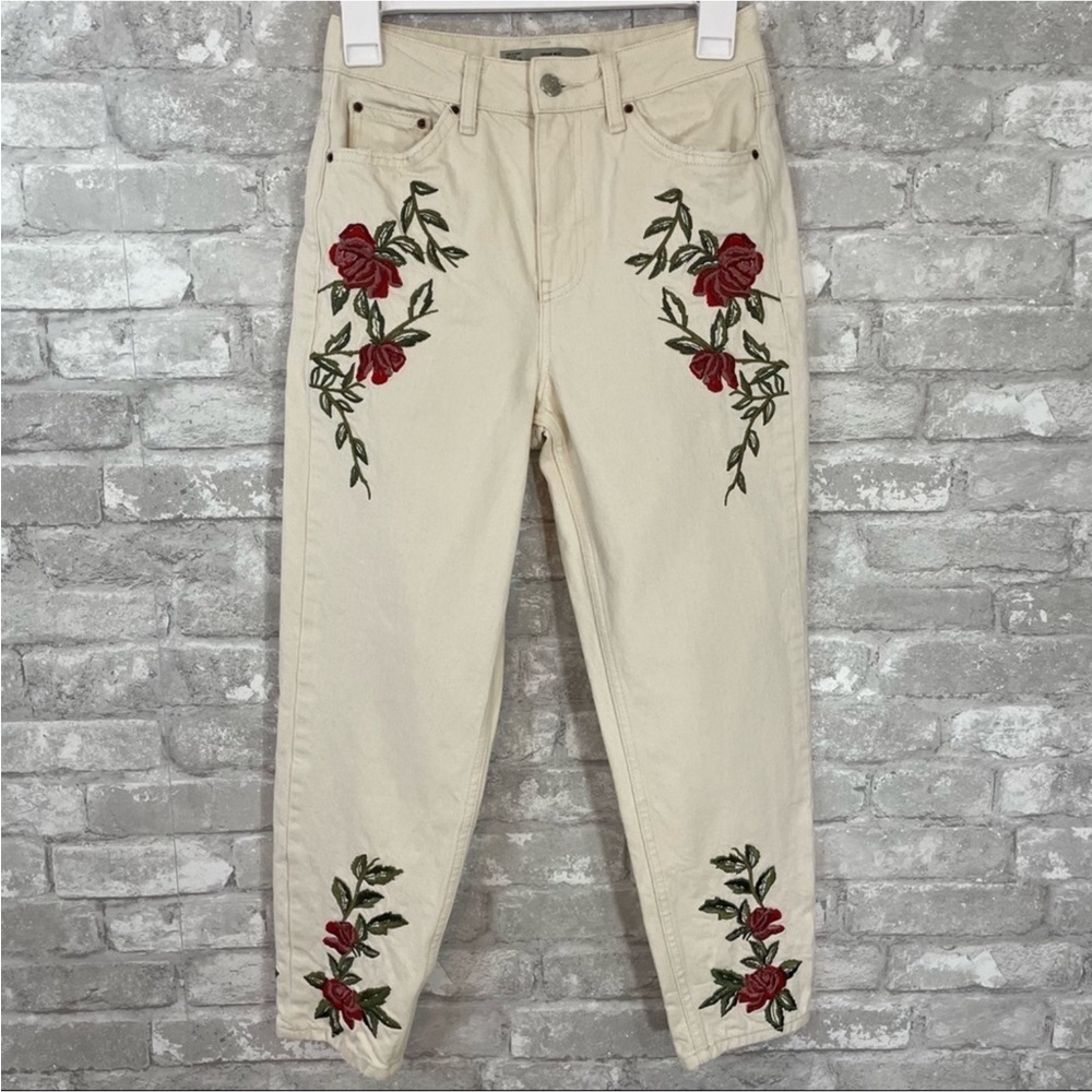 Topshop Moto Mom Embroidered Floral Jeans
